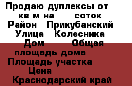 Продаю дуплексы от 127 кв м на 2.75 соток › Район ­ Прикубанский › Улица ­ Колесника › Дом ­ 16 › Общая площадь дома ­ 127 › Площадь участка ­ 275 › Цена ­ 5 142 000 - Краснодарский край, Краснодар г. Недвижимость » Дома, коттеджи, дачи продажа   